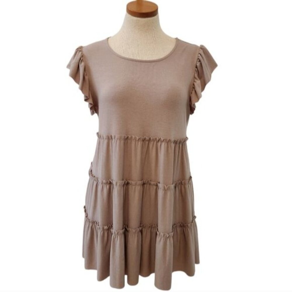 Zenana Ash Mocha Tiered Mini Dress Flutter Sleeve Tan Sleeveless Size Medium - Picture 3 of 12